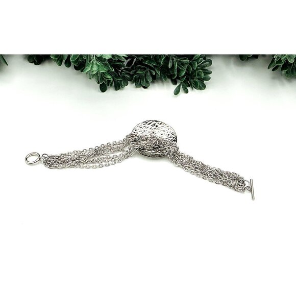 Silver Tone Multi-Strand Chain Bracelet With Hammered Circular Disc Pendant - Picture 6 of 6